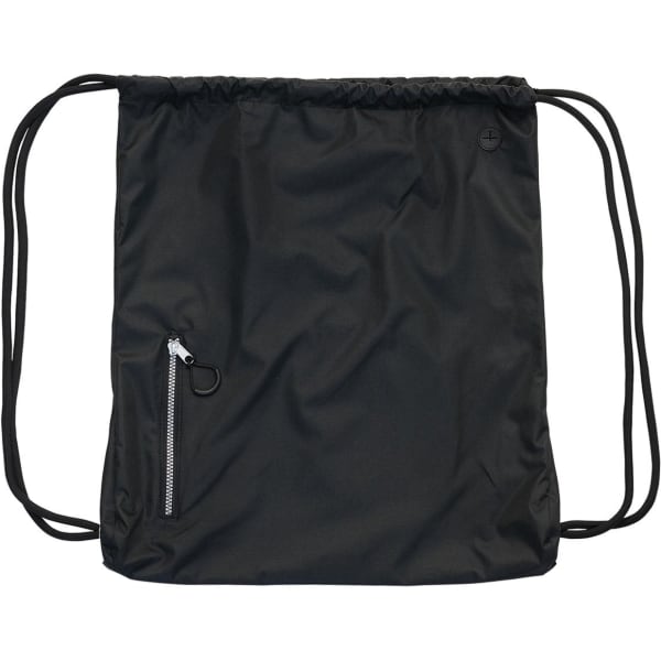 A black drawstring backpack with a zippered pocket and a logo.