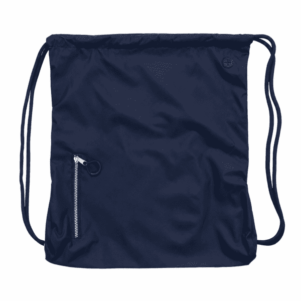 A navy blue backsack with a drawstring closure and a front zipper pocket. It features a branding logo.
