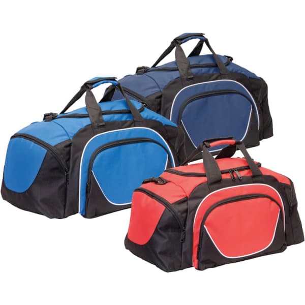 Three duffle bags in blue, navy, and red with contrasting black accents and logo branding.