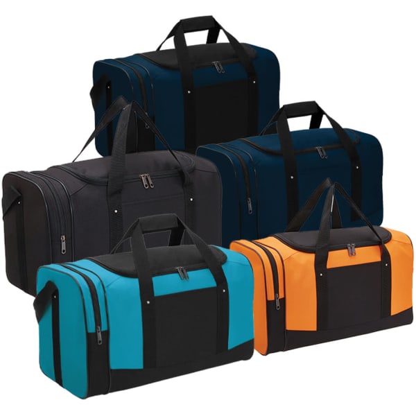 A variety of duffle bags in black, teal, blue, and orange with handles and branding.
