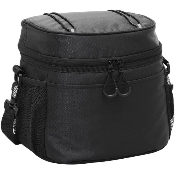 A black cooler bag with zippered compartments and mesh pockets, featuring a shoulder strap and a logo.