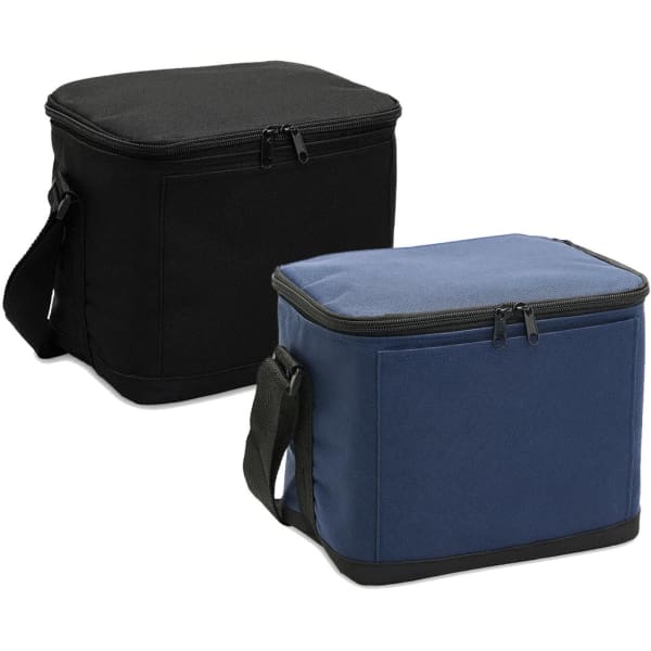 A cooler bag set in black and navy blue, featuring zippers and detachable straps. Each bag has a solid colour design.
