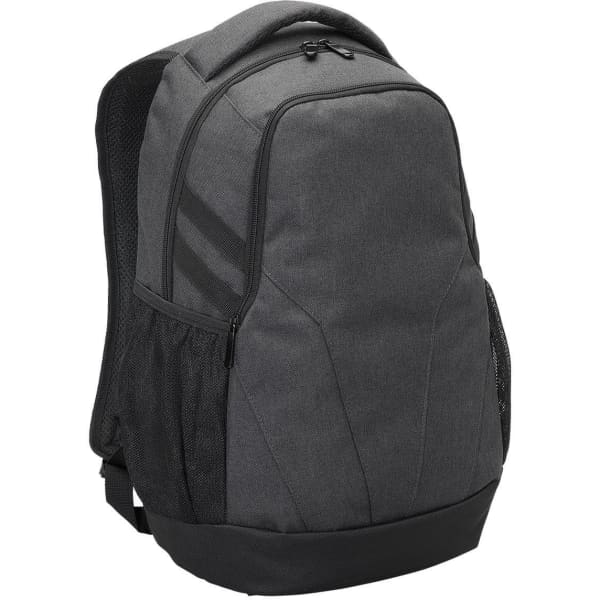 A grey laptop backpack with a side mesh pocket and padded straps, featuring a logo on the front.