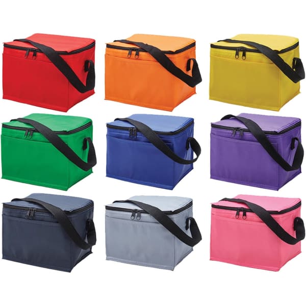 Nine cooler bags in various colours including orange, yellow, green, blue, purple, pink, grey, and black. Each has a strap and a logo.