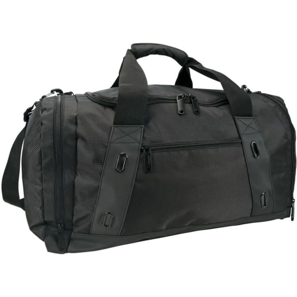 A black duffle bag with multiple zippered compartments and sturdy handles, featuring a side pocket and branding.