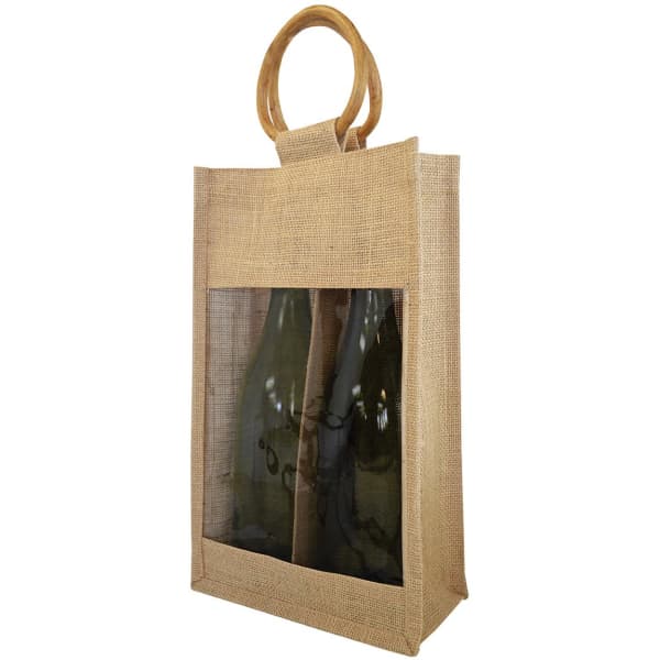 A drink bottle tote bag made of natural jute, featuring a transparent window and wooden handles, in a light brown hue.