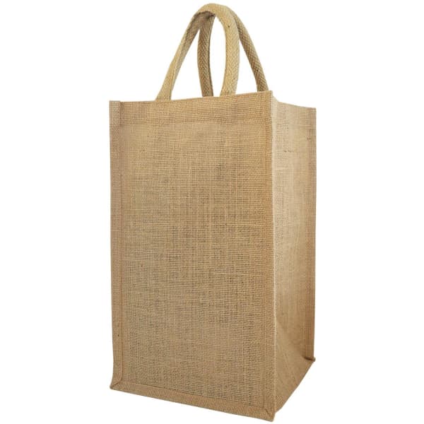 A drink bottle jute bag in a natural beige colour with two sturdy handles and a simple design.
