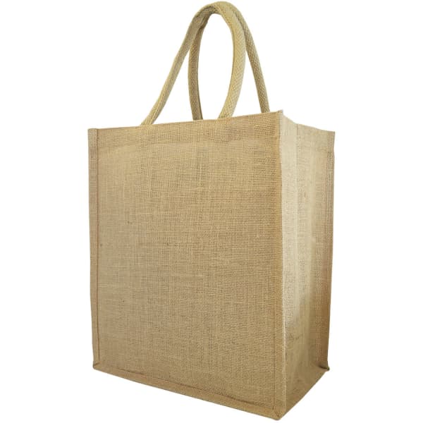 A jute tote bag in a natural beige colour, featuring sturdy handles and an empty interior. It has a logo on the side.