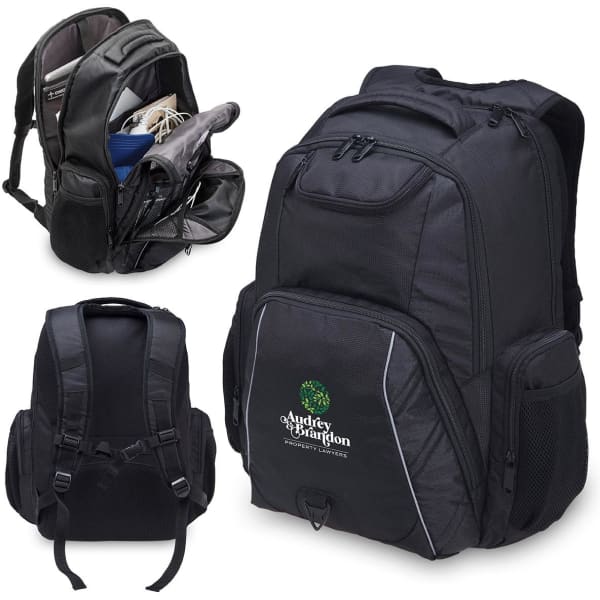 A black laptop backpack with multiple compartments and a logo, featuring padded straps and mesh pockets.