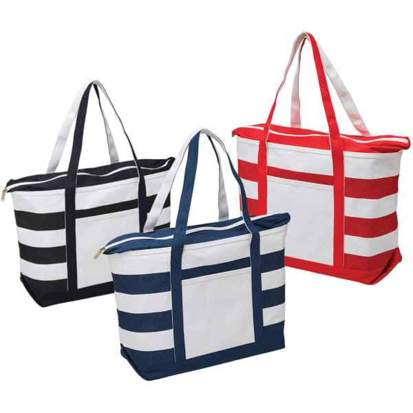 A large tote bag set featuring red, navy, and black striped designs with white accents and a logo.