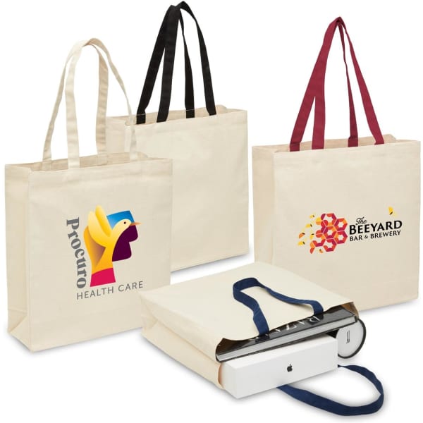 Heavy duty canvas tote bags in cream, featuring different strap colours and logos. Some bags have a gusset for extra storage.