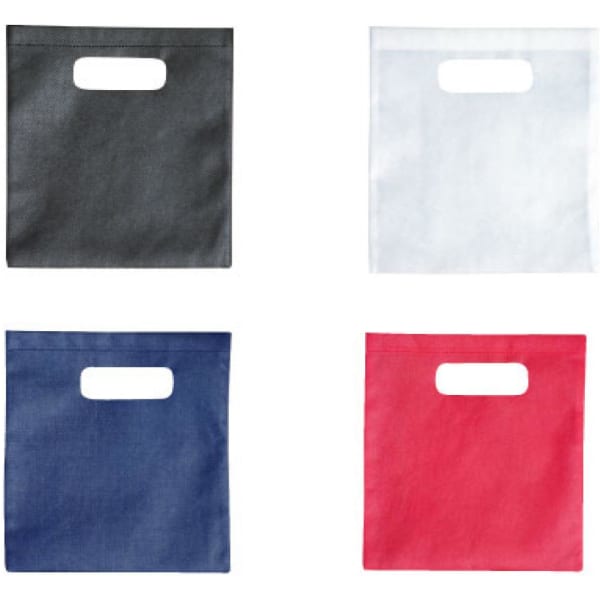 A collection of small gift bags in black, white, navy, and red, each with a handle and a branding logo.