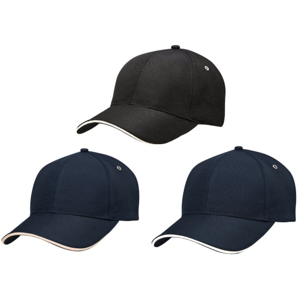 Three caps in black and navy with contrasting trims, featuring a logo on each.