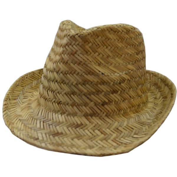 A straw fedora hat in a natural beige colour, featuring a woven design and a curved brim.