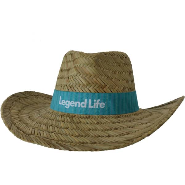 A straw cowboy hat in natural tones with a teal band featuring a logo.
