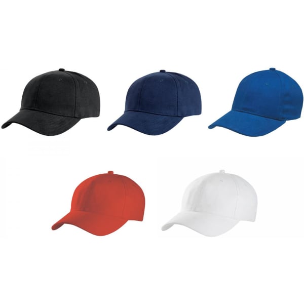 A collection of five caps in black, navy, blue, red, and white, each featuring a logo.