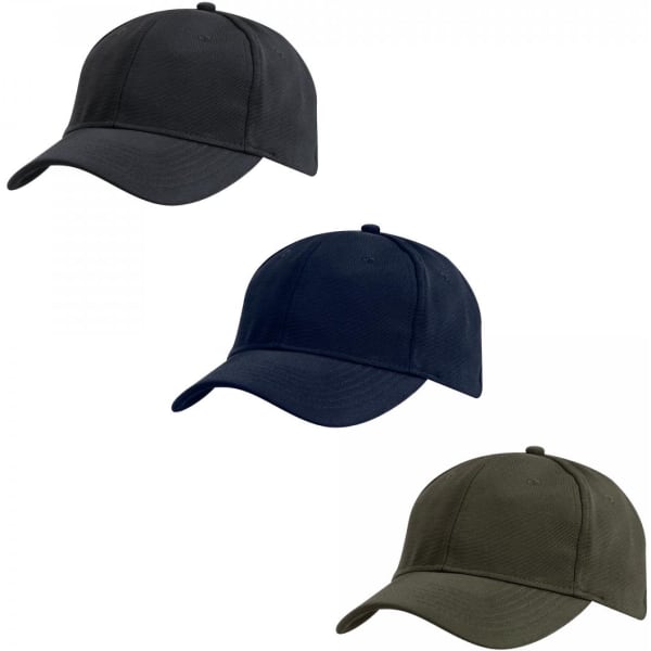 A collection of three caps in dark grey, navy blue, and olive green, each with a curved peak and a logo.