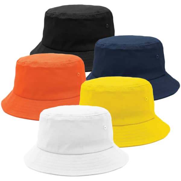 A collection of five bucket hats in black, navy, orange, yellow, and white, each featuring a logo.