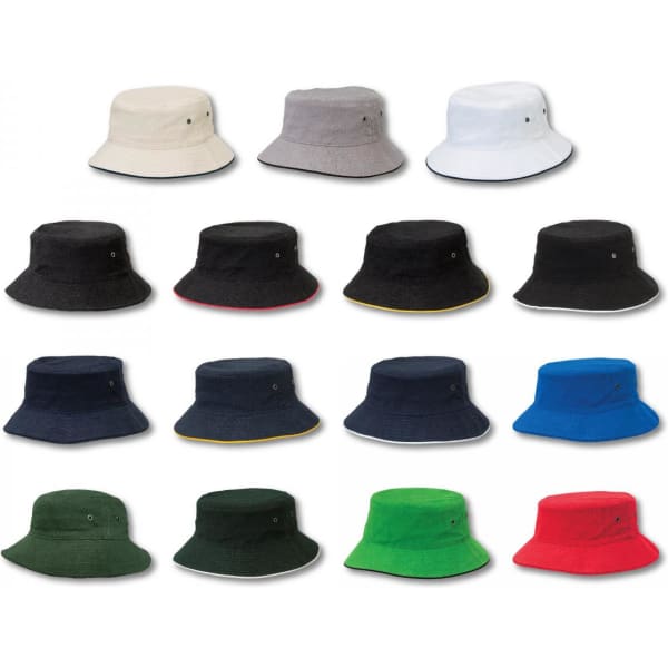 A collection of bucket hats available in various colours: white, grey, black, navy, blue, green, and red. Each has a logo.