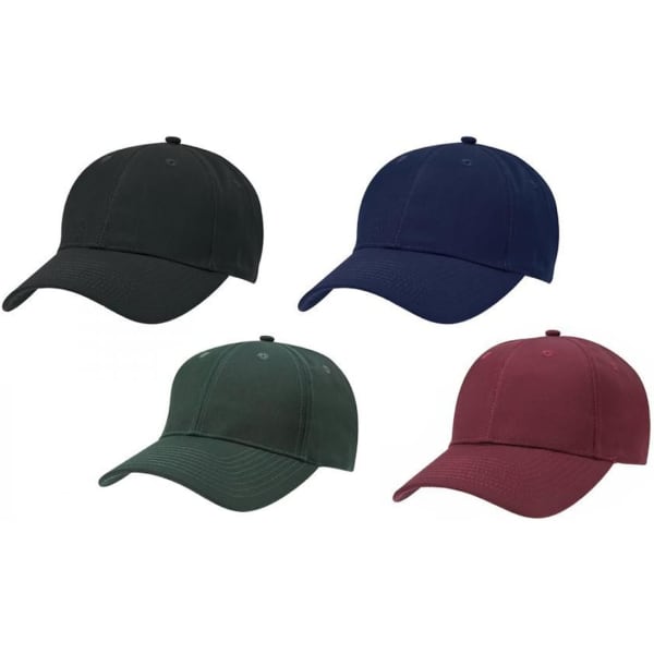 A collection of four caps in dark green, navy blue, and burgundy, each with a logo on the front.