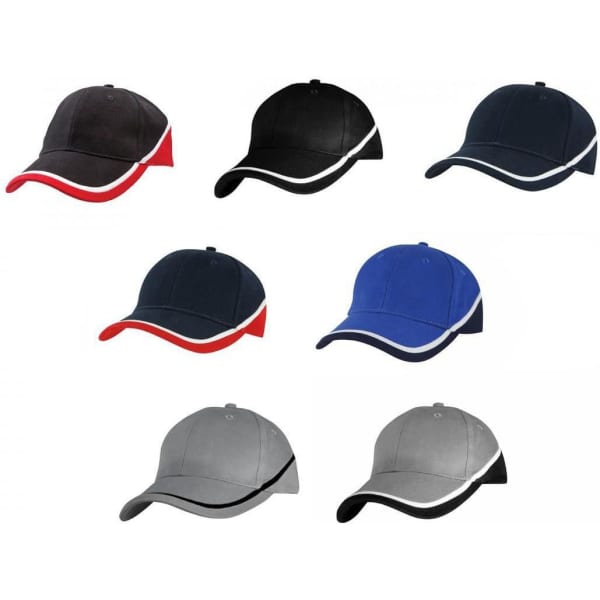 A selection of caps in black, navy, red, royal blue, and grey with contrasting trims and logos.
