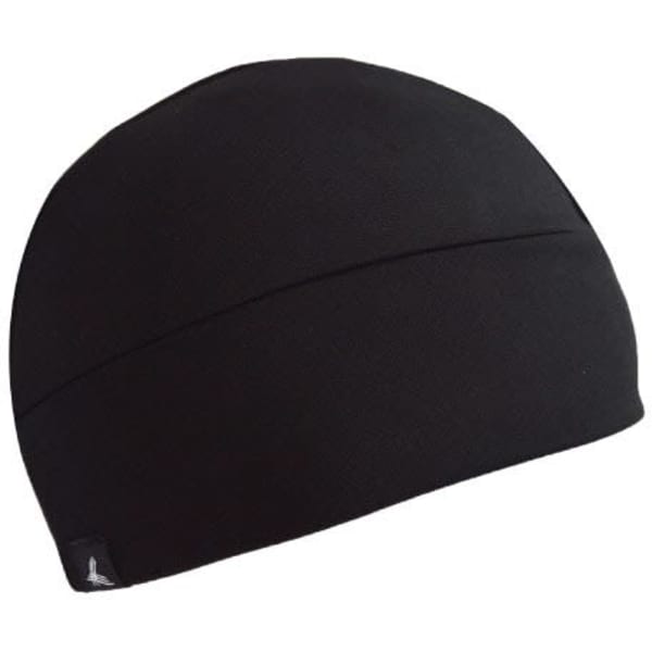 A black skull cap beanie with a simple design and a small logo on the side.