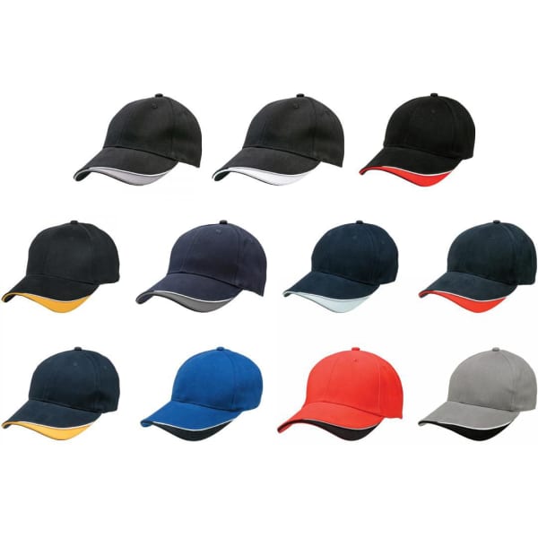 A collection of caps in various colours including black, navy, red, grey, and blue, featuring logos.