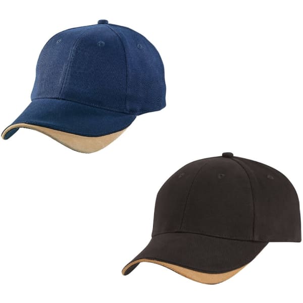 Two caps featuring a suede peak: one in navy blue and the other in black. Each has a branded logo.