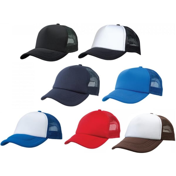 A collection of seven trucker caps in various colours: black, white, navy, blue, red, and brown, each featuring a logo.