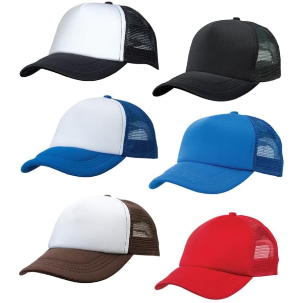 A collection of kids' trucker caps in black, white, blue, brown, and red, featuring mesh panels and logos.