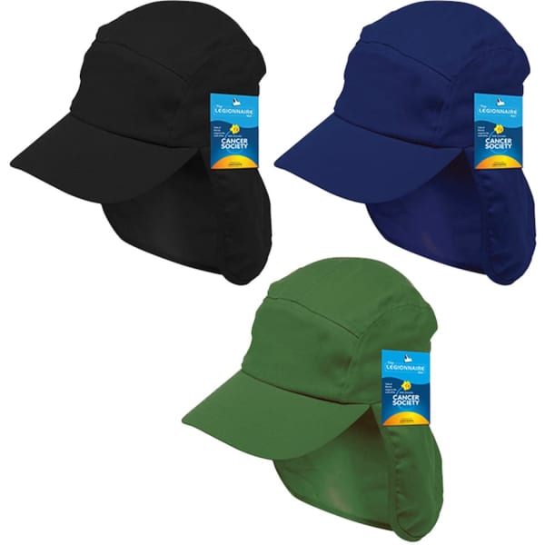 Three Polyviscose Legionnaire hats in black, navy, and green, featuring a branding tag.