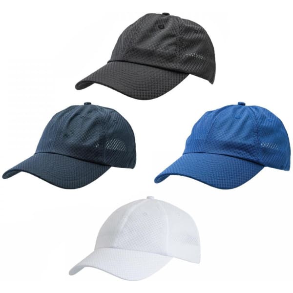 A set of four mesh sports caps in black, navy, royal blue, and white, featuring a logo on each cap.