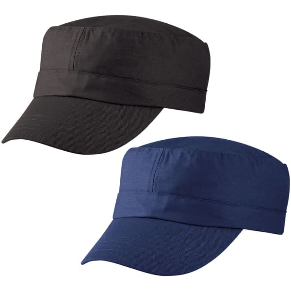 A black and navy military-style cap, featuring a structured design and a logo. Suitable for casual wear.