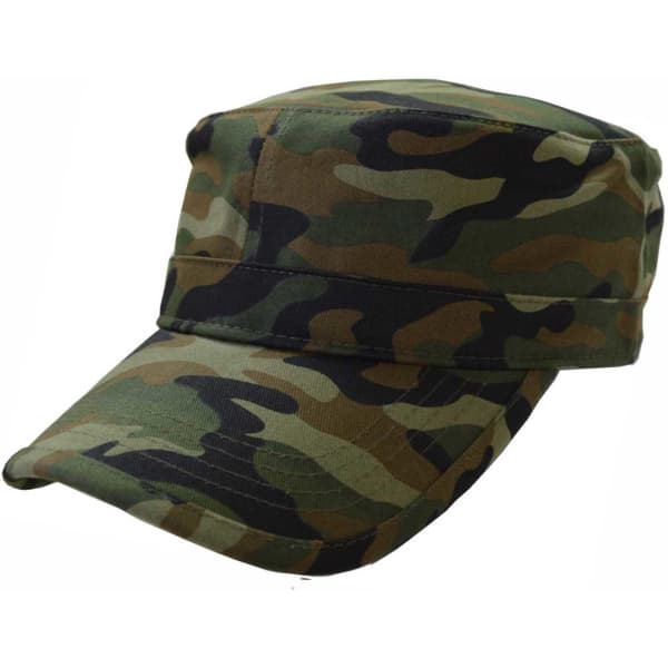 A camouflage military cap in shades of green and brown, featuring a structured brim and a logo.