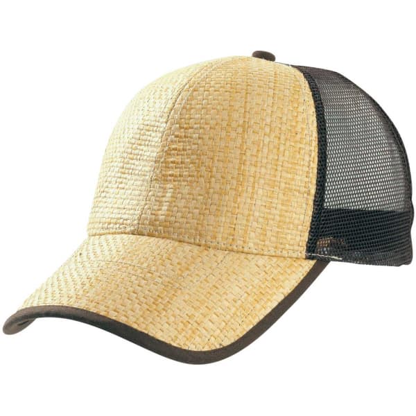 A straw-coloured cane trucker cap with a black mesh back and a curved visor. It features a logo on the front.