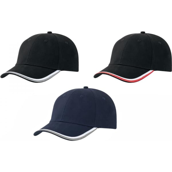 Three caps displayed: one black cap with a white stripe, another black cap with a red stripe, and a navy cap. Each features a logo.