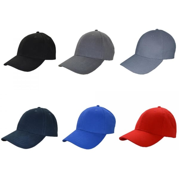 A collection of Urban Curve Snapback Caps in black, grey, navy, blue, and red. Each cap features a logo.