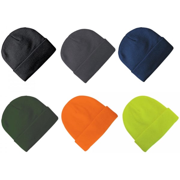 Acrylic beanies in six colours: black, dark grey, navy, green, orange, and bright yellow. Each has a folded cuff.