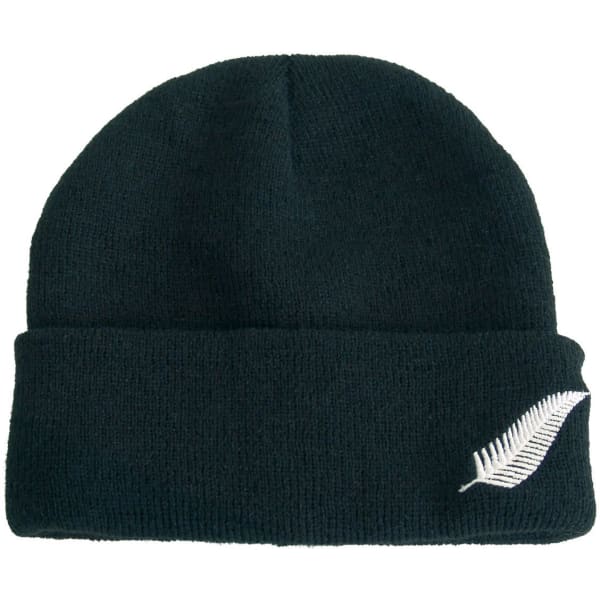 Acrylic beanie in dark green featuring a silver fern design and a logo.