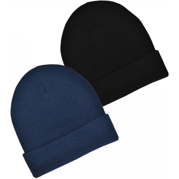 A set of two kids' acrylic beanies in blue and black, featuring folded cuffs and a branding logo.