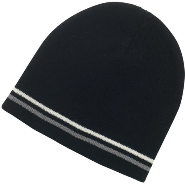 A black, white, and grey double striped beanie. It features a snug fit and a simple design.
