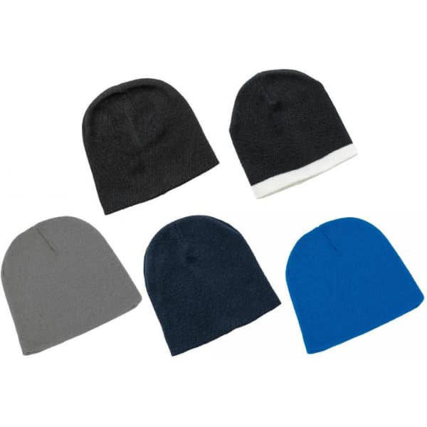 A collection of five beanies in grey, black, and blue, featuring a logo on one.