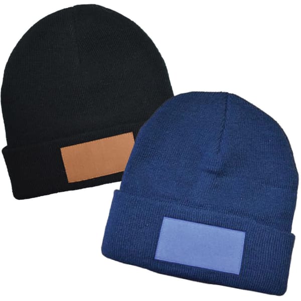 A pair of beanies in black and navy blue, each featuring a patch on the front.