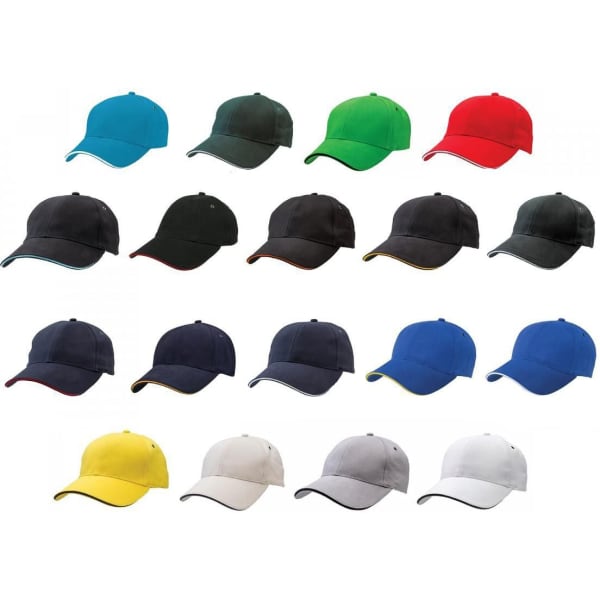 A collection of caps in various colours including turquoise, green, red, black, navy, royal blue, yellow, and grey, featuring a logo.