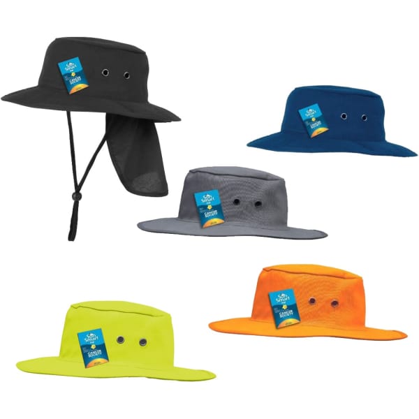 Brimmed hats in black, navy, grey, orange, and yellow, featuring adjustable straps and ventilation eyelets.