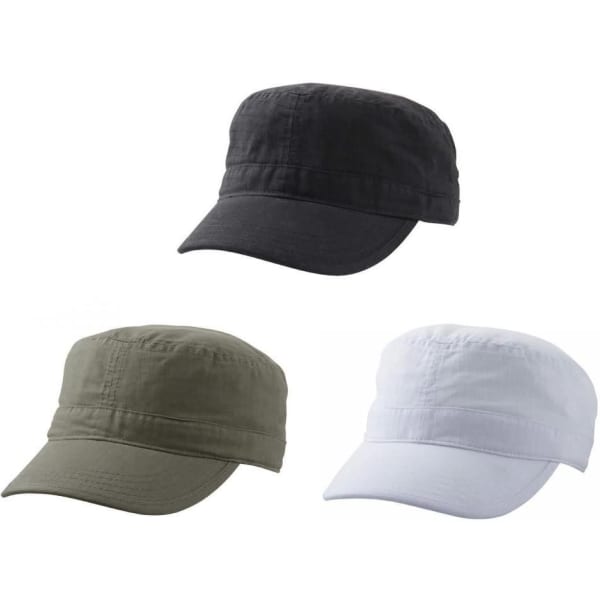 Three Ripstop Military Caps in black, olive green, and white, featuring a logo on each cap.