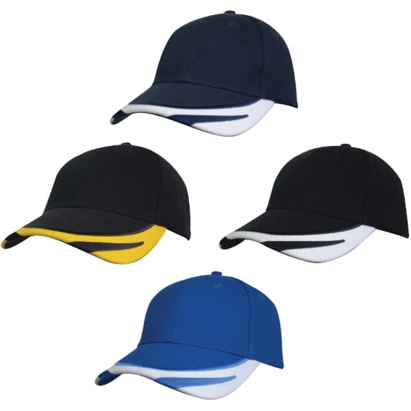 A set of four Bolero Caps in black, blue, and black with yellow accents, featuring a logo on each cap.