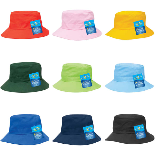 A variety of kids' bucket hats in red, pink, yellow, green, blue, dark blue, black, and green, each with a label.