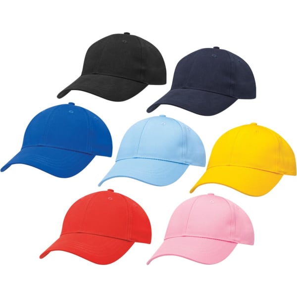 A selection of kids' twill caps in black, navy, blue, light blue, yellow, red, and pink. Each cap features a logo.
