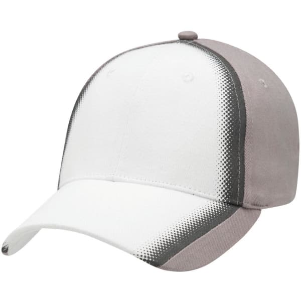 A cap featuring a white and grey design, with a curved brim and a logo on the front.